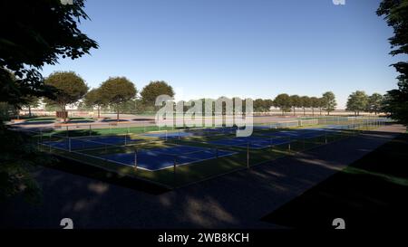 Visualisation d'architecture de paysage de rendu de terrain de pickleball extérieur 3D. Banque D'Images