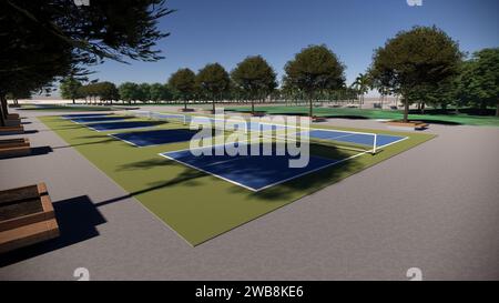 Visualisation d'architecture de paysage de rendu de terrain de pickleball extérieur 3D. Banque D'Images