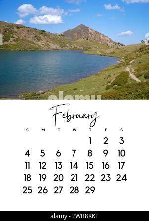 Le mois de février dans le calendrier 2024 avec une photo de paysage de montagne. Calendrier de l'auteur pour 2024 par mois Banque D'Images