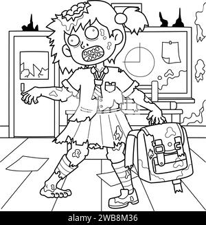 Page de coloriage de fille d'école de zombie pour les enfants Illustration de Vecteur