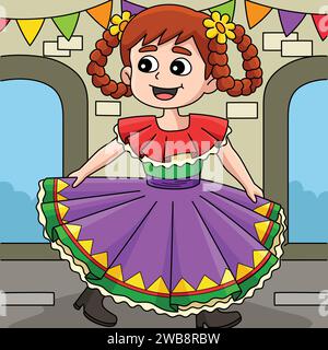 Cinco de Mayo Mexican Girl Colored Cartoon Illustration de Vecteur