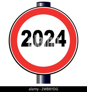 Un grand panneau de signalisation rouge rond affichant le logo de la date de l'an 2024. Illustration de Vecteur