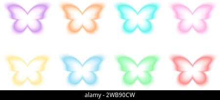 Formes de papillon dans un style holographique flou. Autocollants tendance y2k avec effet aura dégradé dans différentes couleurs pastel isolé sur fond blanc. Illustration vectorielle Illustration de Vecteur