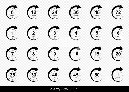 Icônes des heures et des minutes avec flèches circulaires. Ensemble de symboles de service à la clientèle, remise, livraison d'expédition ou offre spéciale. Chronomètre, compte à rebours, sport ou minuteur de cuisson. Illustration vectorielle Illustration de Vecteur