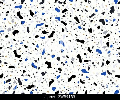 Motif de carreaux de céramique terrazo bleu, noir, blanc et gris de mosaïque terazo bleu clair, fond vectoriel. Texture de sol en pierre de marbre terrazzo de formes abstraites de pierre de mosaïque dans un motif sans couture Illustration de Vecteur