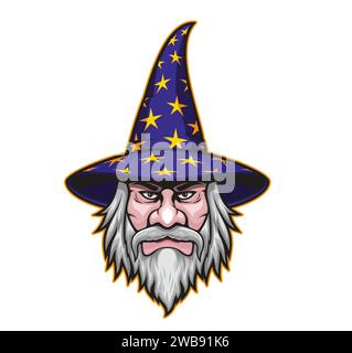 Personnage de mascotte magicien ou mage. Face de sorcier vecteur isolé. Dessin animé barbu magique et enchanteur Warlock personnage porter un chapeau astrologue avec des étoiles, représente merveille et fantaisie pour l'équipe ou la marque Illustration de Vecteur