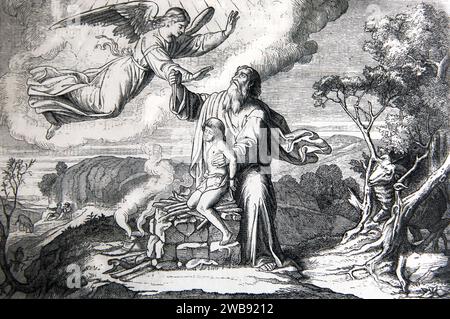 Abraham offrant Isaac et l'Ange du Seigneur l'arrêtant 'et Abraham étendit quatrième sa main et prit le couteau pour tuer son fils et l'an Banque D'Images