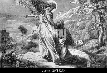 Illustration de l'histoire de la Bible Jacob lutte avec l'Ange 'Laissez-moi aller pour le jour Breaketh' et il a dit 'il ne le laissera pas partir à moins que tu ne me bénisse' Banque D'Images