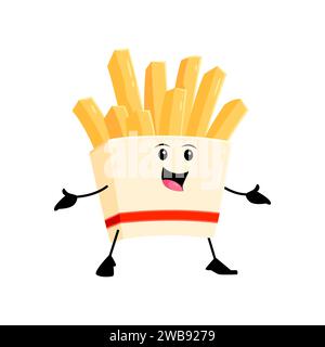 Dessin animé joyeux frites drôle caractère de restauration rapide à emporter. Personnage anthropomorphique vectoriel isolé avec un visage souriant, un récipient en carton et des frites dorées, incarnant la joie du fastfood Illustration de Vecteur