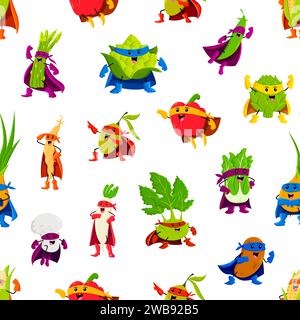 Motif de personnages de super-héros végétal de dessin animé. Fond vectoriel sans couture avec asperges, chou-fleur, artichaut et pois verts. Soja, chou-rave, chou chinois et oignon avec pomme de terre ou maïs Illustration de Vecteur