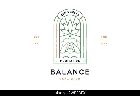 Label Yoga Meditation Relax Club. Modèle minimaliste de logo d'art de trait. Badge de club de relaxation simple et moderne de méditation de yoga. Symbole ligne icône signe de méditation yoga. Illustration vectorielle Illustration de Vecteur