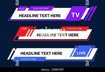 Barres d'actualités mondiales en couleur et en-têtes TV du tiers inférieur ou bannières de titre de titre pour l'écran, modèles vectoriels. Barde d'informations pour la diffusion en direct, le texte de la chaîne vidéo et les cadres de nom ou les en-têtes de troisième télévision inférieurs Illustration de Vecteur