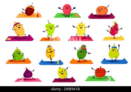 Personnages de fruits de dessin animé sur le fitness de yoga. Vecteur prune, carambole, jack fruit ou durian. Bergamote, melon, figues et pomme avec feijoa juteux personnages de fruits vitaminés engagés dans des activités de bien-être Illustration de Vecteur