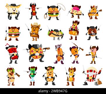 Personnages de cow-boy et ranger, bandit et shérif de dessin animé. Vector frites, pilon de poulet, nachos, beignet et burrito. Pop corn, café, crème glacée et Taco. Pizza, cheesecake, Burger Illustration de Vecteur