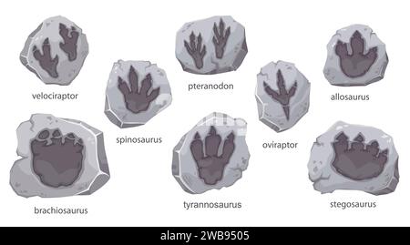 Fossiles d'empreintes de dinosaures, pierres d'archéologie avec silhouette de pied de dino, vecteur de dessin animé. La patte des dinosaures du Jurassique trace de velociraptor, tyrannosaurus T-rex et stegosaurus ou brachiosaurus Illustration de Vecteur