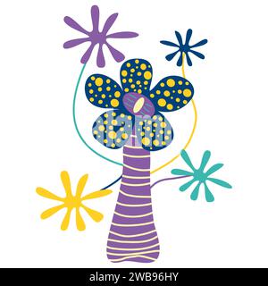 Fleur magique fantastique, plante de fée de dessin animé. Vecteur champignons inhabituels avec pétales pointillés, yeux et fleurs. Elément de conte de fées pour le jeu, flore extraterrestre, hallucine Illustration de Vecteur