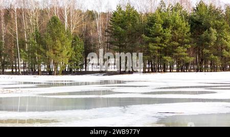 Paysage du début du printemps avec la fonte des neiges et les taches dégelées dans le lac avec en toile de fond une forêt. Le printemps approche, le mois de mars. N Banque D'Images