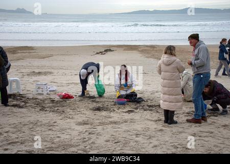 De nombreux bénévoles se sont rendus sur les plages de Galice pour ramasser des granulés de plastique tombés sur un bateau en utilisant des outils de base tels que des entonnoirs, des crépines, Banque D'Images