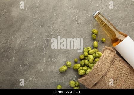 Bouteille de bière avec cônes de houblon sur fond gris. Vue de dessus Banque D'Images