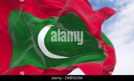 Gros plan du drapeau national des Maldives brandissant. Drapeau est un rectangle vert sur rouge, avec un croissant de lune blanc au centre. rendu d'illustration 3d. Sélectif f Banque D'Images