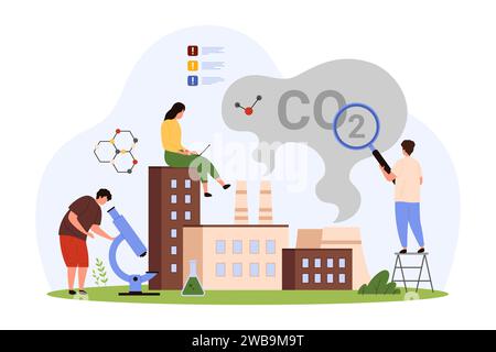 Analyse de l'impact des gaz à effet de serre, des émissions de CO2 et du smog sur l'environnement. Petites personnes avec la loupe et le nuage de recherche de microscope de fumée de l'illustration vectorielle de dessin animé de cheminée d'usine Illustration de Vecteur