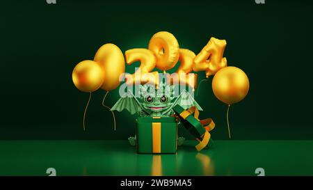 Célébration de l'année du Dragon. Bonne année 2024. Dragon de dessin animé regardant sur des ballons volant de la boîte de cadeau. Concept de célébration du nouvel an. 3D r Banque D'Images