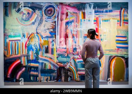 Londres, Royaume-Uni. 9 janvier 2024. Disjointed Entropy, 2023 - exposition solo de Diana Copperwhite onomatopée à Flowers Gallery, Cork Street, du 10 au 17 février. Copperwhite est l'un des rares artistes abstraits irlandais. Une sélection de nouvelles peintures marque une extension de son utilisation de l’abstraction pour explorer les notions de mémoire et de perception contre le chaos visuel de la vie du XXIe siècle. Crédit : Guy Bell/Alamy Live News Banque D'Images