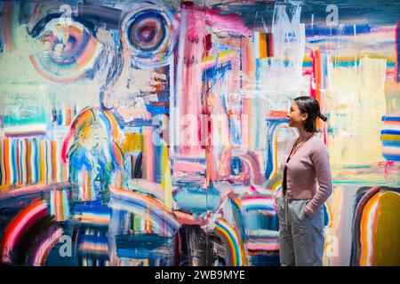 Londres, Royaume-Uni. 9 janvier 2024. Disjointed Entropy, 2023 - exposition solo de Diana Copperwhite onomatopée à Flowers Gallery, Cork Street, du 10 au 17 février. Copperwhite est l'un des rares artistes abstraits irlandais. Une sélection de nouvelles peintures marque une extension de son utilisation de l’abstraction pour explorer les notions de mémoire et de perception contre le chaos visuel de la vie du XXIe siècle. Crédit : Guy Bell/Alamy Live News Banque D'Images