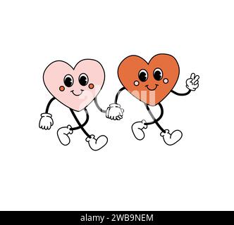 Vector groovy rétro dessin animé couple de coeurs Illustration de Vecteur