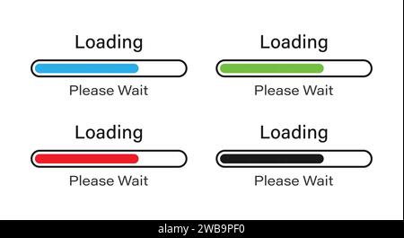 Curseur de barre de chargement avec icône de contour définie. Chargement Veuillez patienter icône de symbole définie en bleu, vert, rouge et noir. Chargement à 70 %, symbole patienter. Illustration de Vecteur