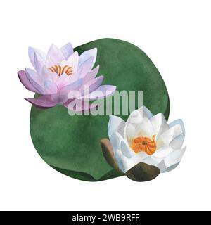 Aquarelle blanche violette feuille vert aquarelle peinte à la main illustration florale isolée pour cartes postales spa yoga logo invitation Journée des femmes 2024 beauté Banque D'Images