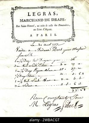 facture de drap pour l'uniforme du fils de mme d'Ars, par Legras, marchand de drap à Paris - 1777 Banque D'Images