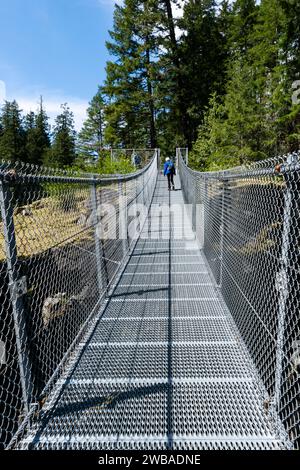 Une femme traverse un pont suspendu dans la forêt du parc Elk Falls près de Campbell River, en Colombie-Britannique, au Canada Banque D'Images