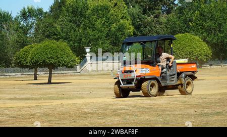 Jardinier conduisant Kubota RTV900 4X4 véhicule utilitaire dans le parc. Banque D'Images