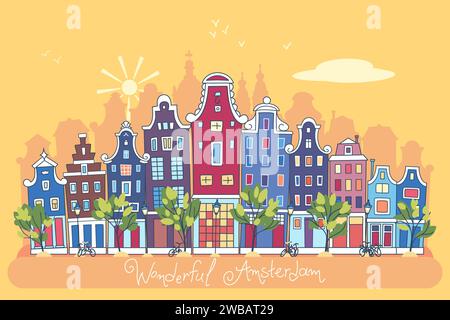 Spring Amsterdam ville avec des maisons européennes traditionnelles Illustration de Vecteur