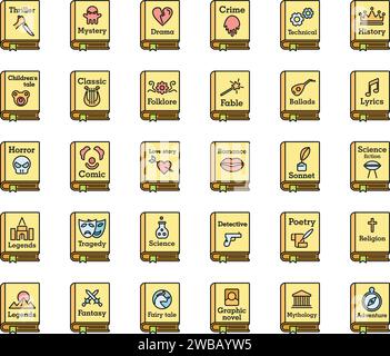 Jeux d'icônes de livres de genres littéraires. Contour ensemble de genres littéraires icônes vectorielles de livre de couleur mince de ligne plate sur blanc Illustration de Vecteur