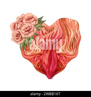 Coeur aquarelle avec texture de pierre avec des fleurs d'eustoma dans une palette de fuzz de pêche à la mode pour la Saint-Valentin, horoscope, alchimie, magie, Halloween Banque D'Images