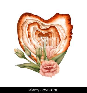 Coeur aquarelle avec texture de pierre avec des fleurs d'eustoma dans une palette de fuzz de pêche à la mode pour la Saint-Valentin, horoscope, alchimie, magie, Halloween Banque D'Images