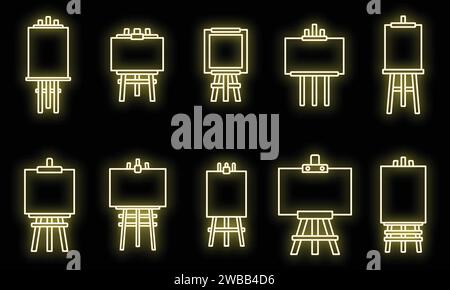 Jeu d'icônes de chevalet d'artiste. Contour ensemble d'icônes vectorielles de chevalet d'artiste couleur néon sur noir Illustration de Vecteur