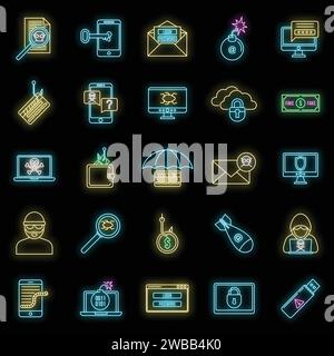 Icônes espions de fraude définies. Contour ensemble d'icônes vectorielles espions de fraude couleur néon sur noir Illustration de Vecteur