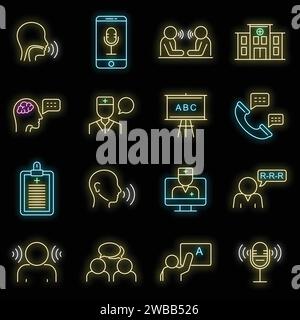 Icônes de orthophoniste définies. Ensemble de contours d'icônes vectorielles de orthophoniste couleur néon sur noir Illustration de Vecteur