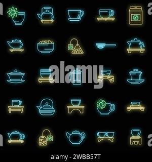 Ensemble d'icônes de cérémonie du thé de culture. Contour ensemble d'icônes vectorielles de cérémonie de thé de culture couleur néon sur noir Illustration de Vecteur
