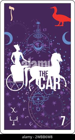 Carte de tarot égyptien numéro sept, appelé le char. Ancien char de guerre avec des chevaux. Égyptien Illustration de Vecteur