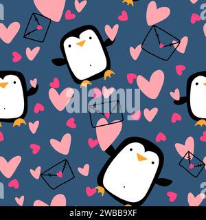 Valentines Hearts Pingouin sans couture et modèle d'amour pour envelopper le papier et les tissus et les draps et les vêtements pour enfants imprimer et emballage festif et fête a Banque D'Images