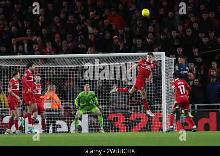 Le DAEL Fry de Middlesbrough est dégagé lors de la demi-finale de la Carabao Cup 1st Leg Match entre Middlesbrough et Chelsea au Riverside Stadium, Middlesbrough le mardi 9 janvier 2024. (Photo : Mark Fletcher | MI News) crédit : MI News & Sport / Alamy Live News Banque D'Images