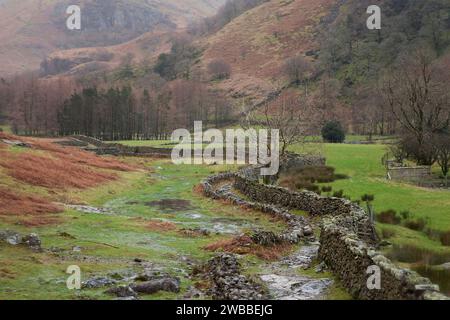 Une piste murée dans la vallée de Stonethwaite dans le Lake District anglais, Cumbria, Royaume-Uni Banque D'Images