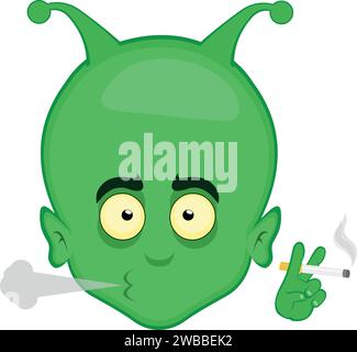 vecteur vert alien et tête de dessin animé fumant cigarette Illustration de Vecteur