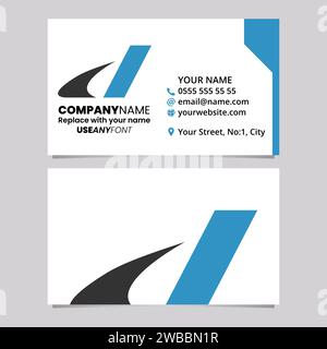 Modèle de carte de visite bleu et noir avec icône de logo Swooshy lettre D italique sur un fond gris clair Illustration de Vecteur