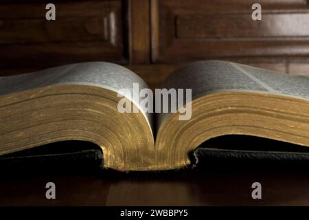 Ouvrir vieux livre avec des feuilles d'or sur fond en bois texte flou horizontal Banque D'Images