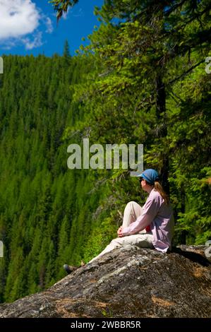 Vue près de Spruce Park avec milieu Fork Wild and Scenic River, le Grand lac de l'ours sauvage, la Forêt Nationale de Flathead au Montana Banque D'Images